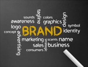 Concept of branding displayed on a chalkboard with words like logo, identity, marketing, graphics, and advertising surrounding the word BRAND in bold yellow.