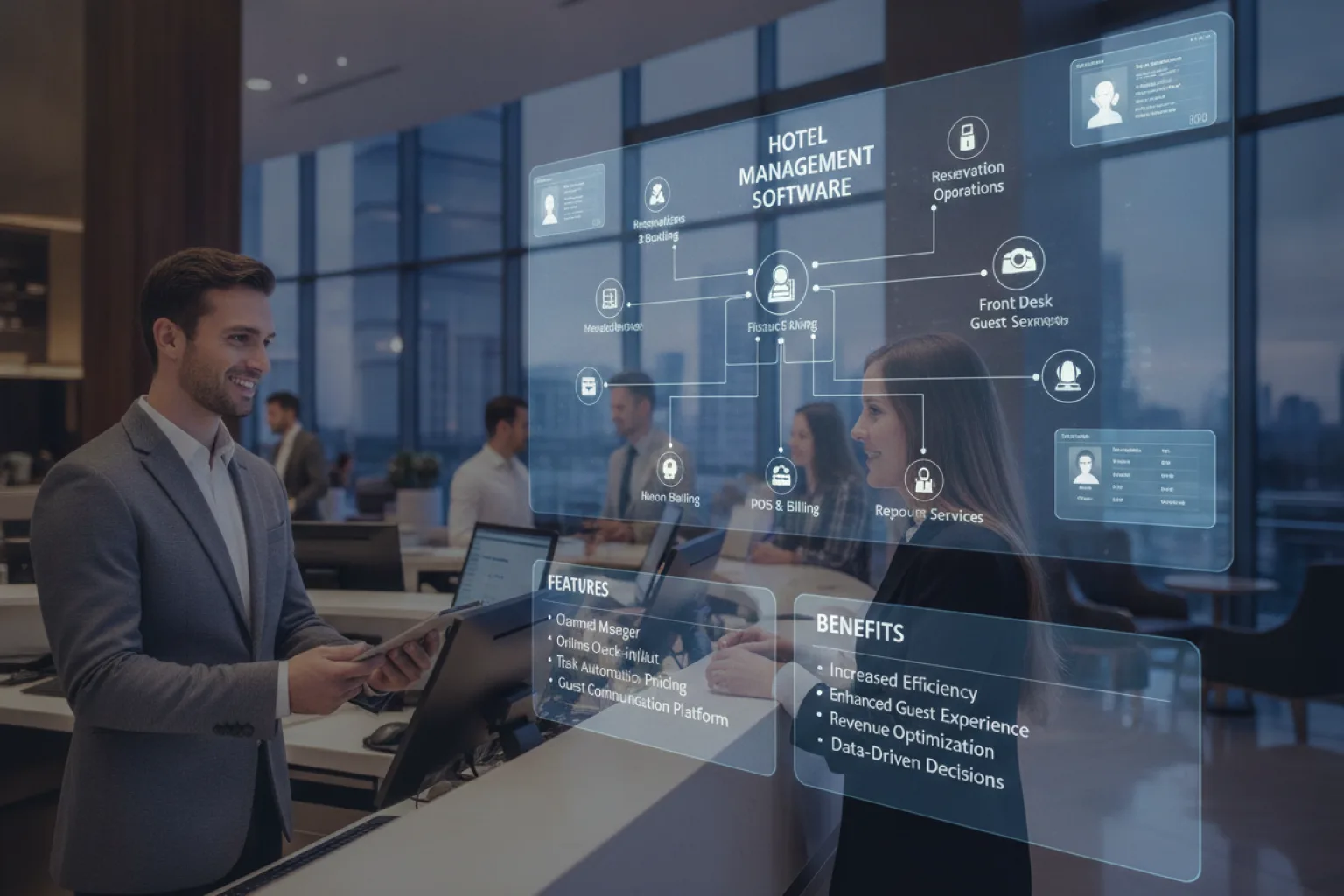 hotel management software dashboard showing bookings and rooms