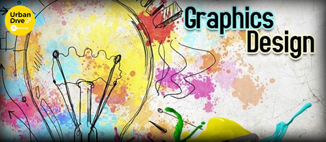 Colorful illustration of a lightbulb sketched over a vibrant splash background with design elements, paint strokes, and the text ‘Graphics Design’ on the right. Urban Dive Marketing logo in the top-left corner. graphic design course in Mirpur