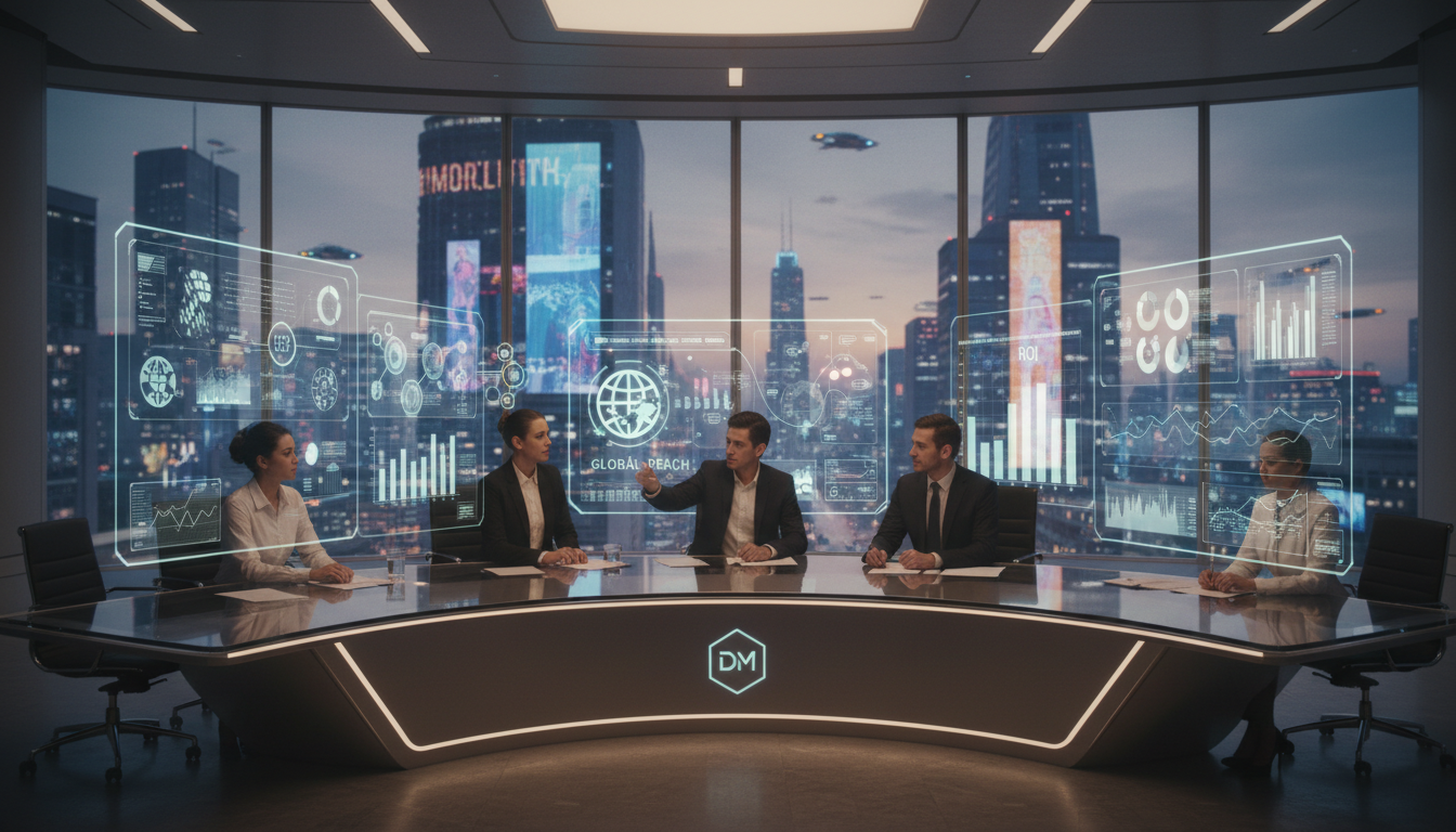 A modern professional digital marketing agency office scene with diverse team collaborating, sleek futuristic UI graphics floating in the air, marketing charts, analytics dashboards, vibrant color palette (blues and greens), bold 3D text overlay saying ‘Best Digital Marketing Services Agency 2026 Expert Review & Guide’, high resolution, clean and modern design, branding style suitable for a website hero banner.